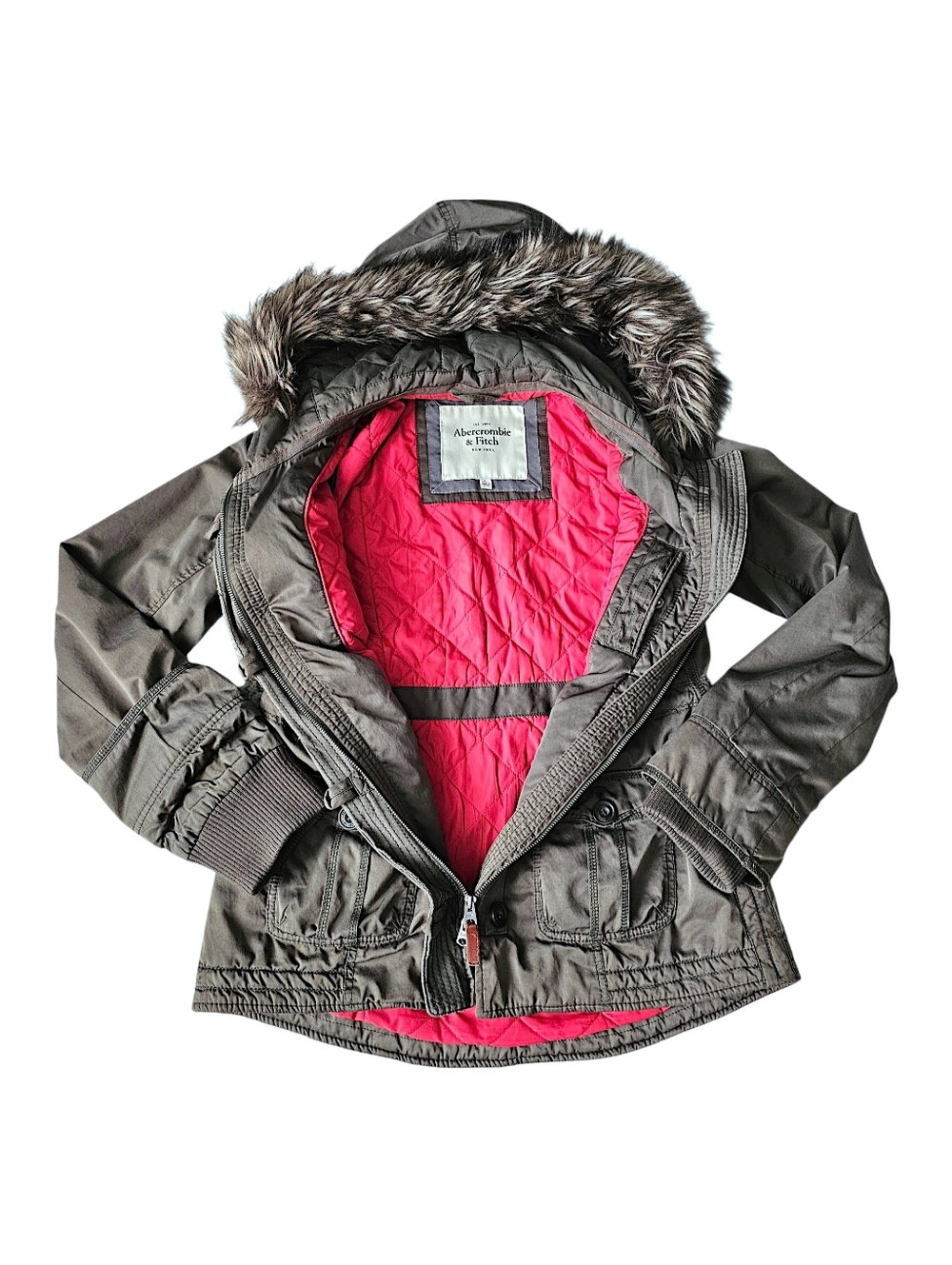 Abercrombie & Fitch Army Green Utility Jacket w/ Faux Fur Hood - Size L - Picture 6 of 14